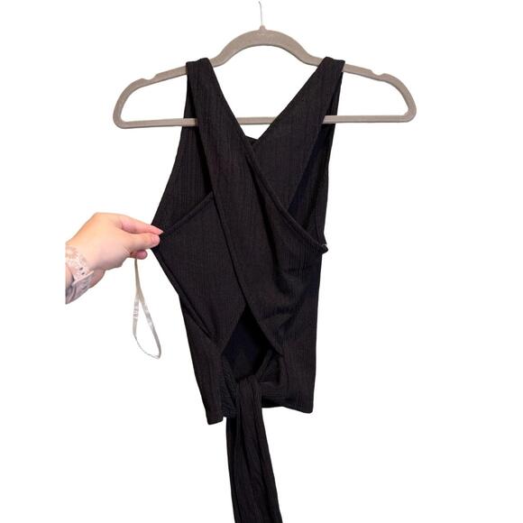 Lush Tank Top Womens Size M Black Ribbed Crisscross Back With Tie - Picture 4 of 8